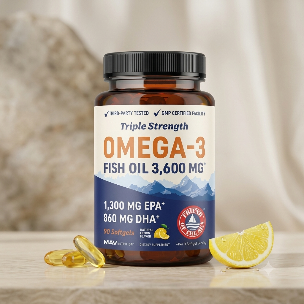 MAV Nutrition Triple Strength Omega-3 Fish Oil 3600mg - 90 Cápsulas Blandas Sabor Limón