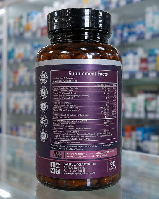 Rainbow Nutrients Advanced Hair Growth - Supplement Facts tabla nutricional 90 cápsulas