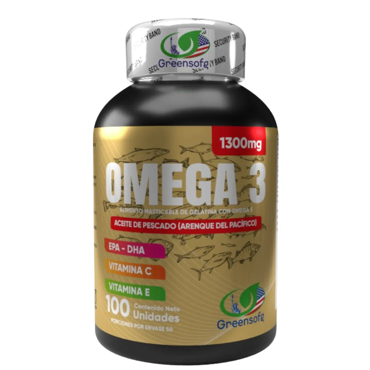 Greensofe Omega 3 1300mg EPA DHA Vitamina C y E - 100 Cápsulas Blandas Aceite de Pescado Arenque del Pacífico