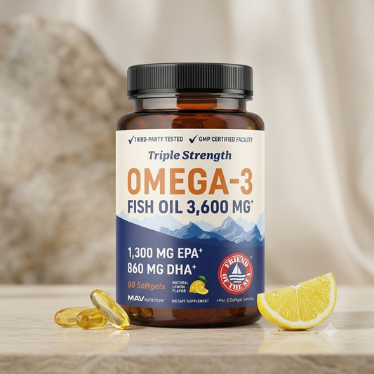 MAV Nutrition Triple Strength Omega-3 Fish Oil 3600mg - 90 Cápsulas Blandas Sabor Limón