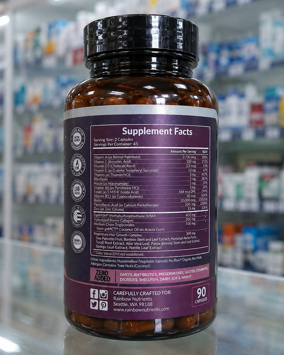 Rainbow Nutrients Advanced Hair Growth - Supplement Facts tabla nutricional 90 cápsulas
