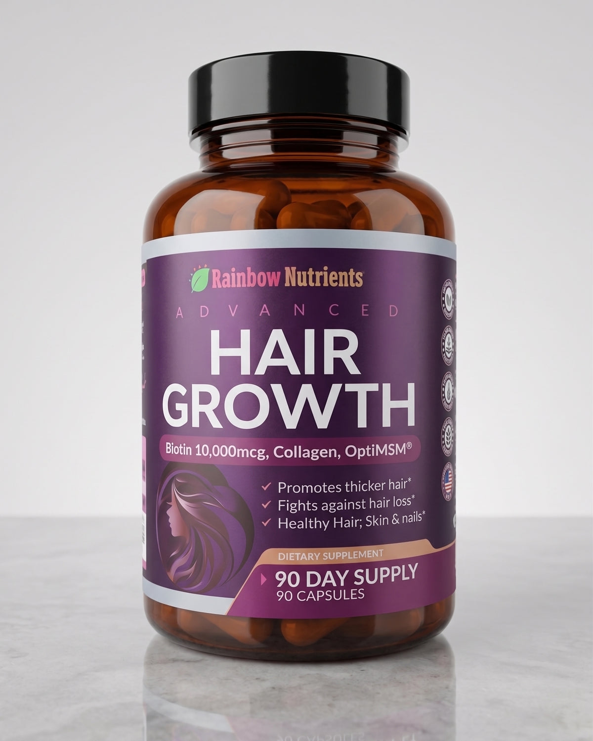 Rainbow Nutrients Advanced Hair Growth - Frasco frontal 90 cápsulas Biotina 10000mcg Colágeno OptiMSM