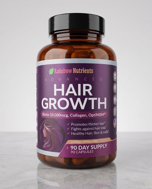 Rainbow Nutrients Advanced Hair Growth - Frasco frontal 90 cápsulas Biotina 10000mcg Colágeno OptiMSM