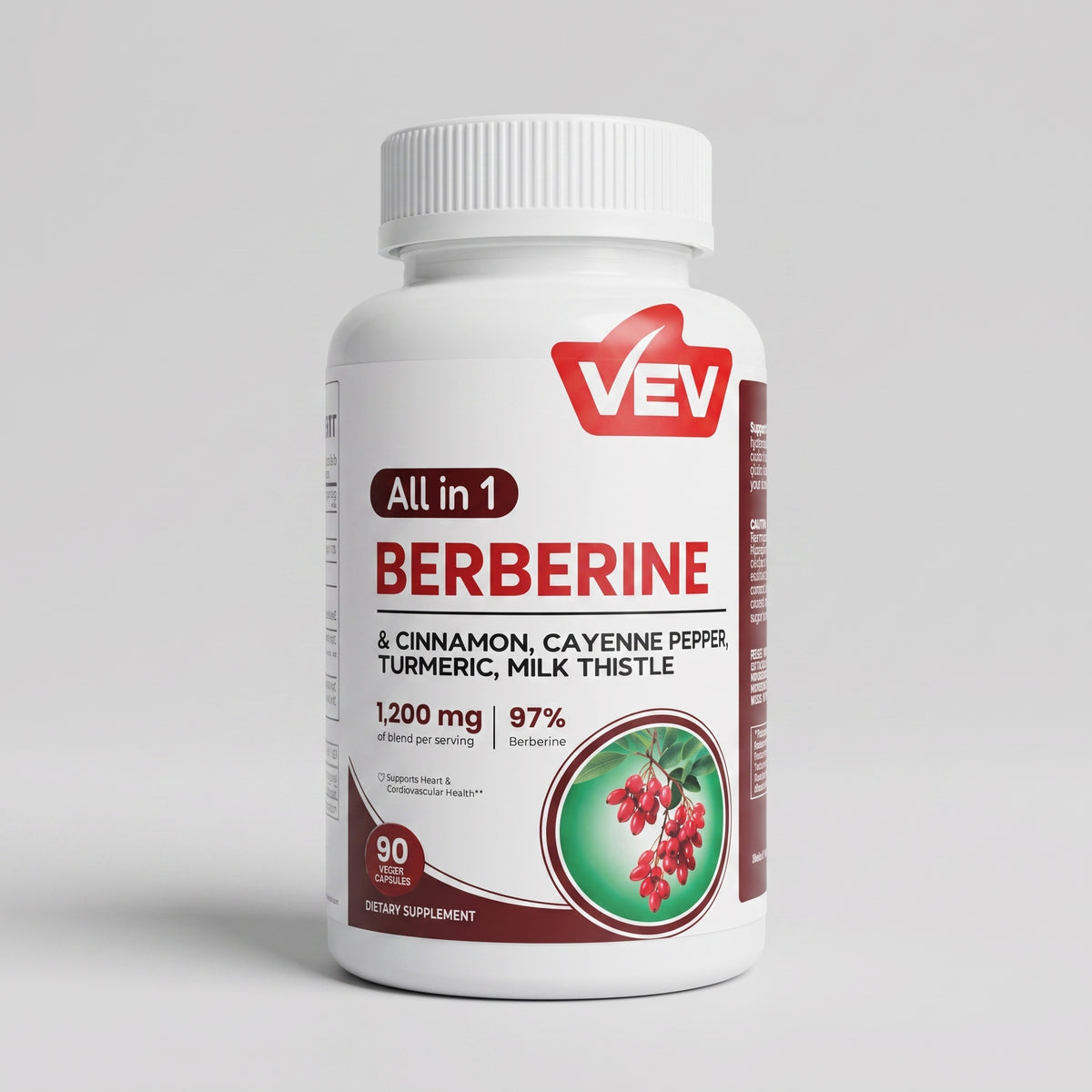 VEV All In 1 Berberine | Berberina + Canéla + Cúrcuma + Cayena + Cardo Mariano | 90 Cápsulas
